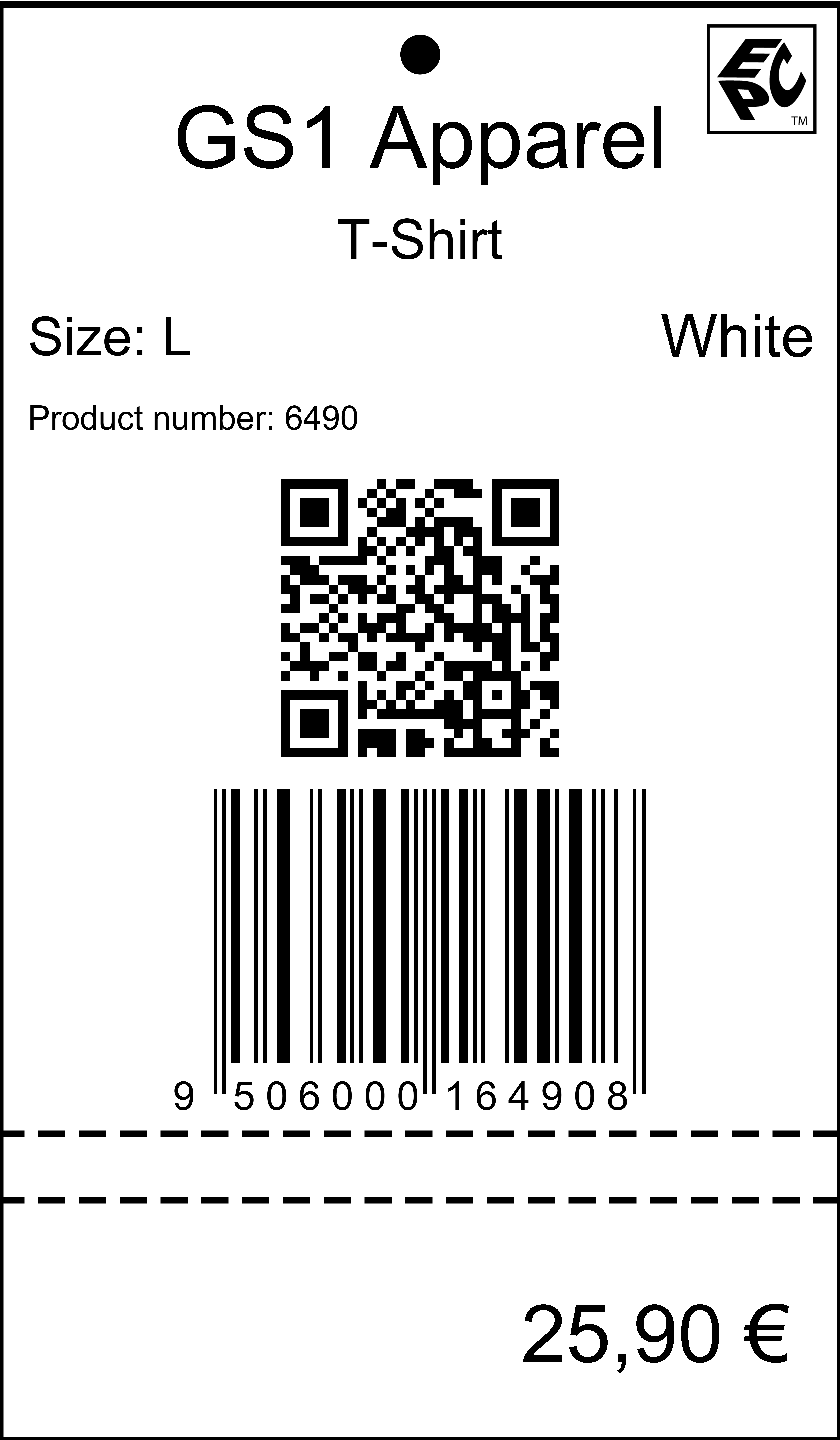 An apparel hang tag with an RFID chip, a 2D and a 1D barcode.