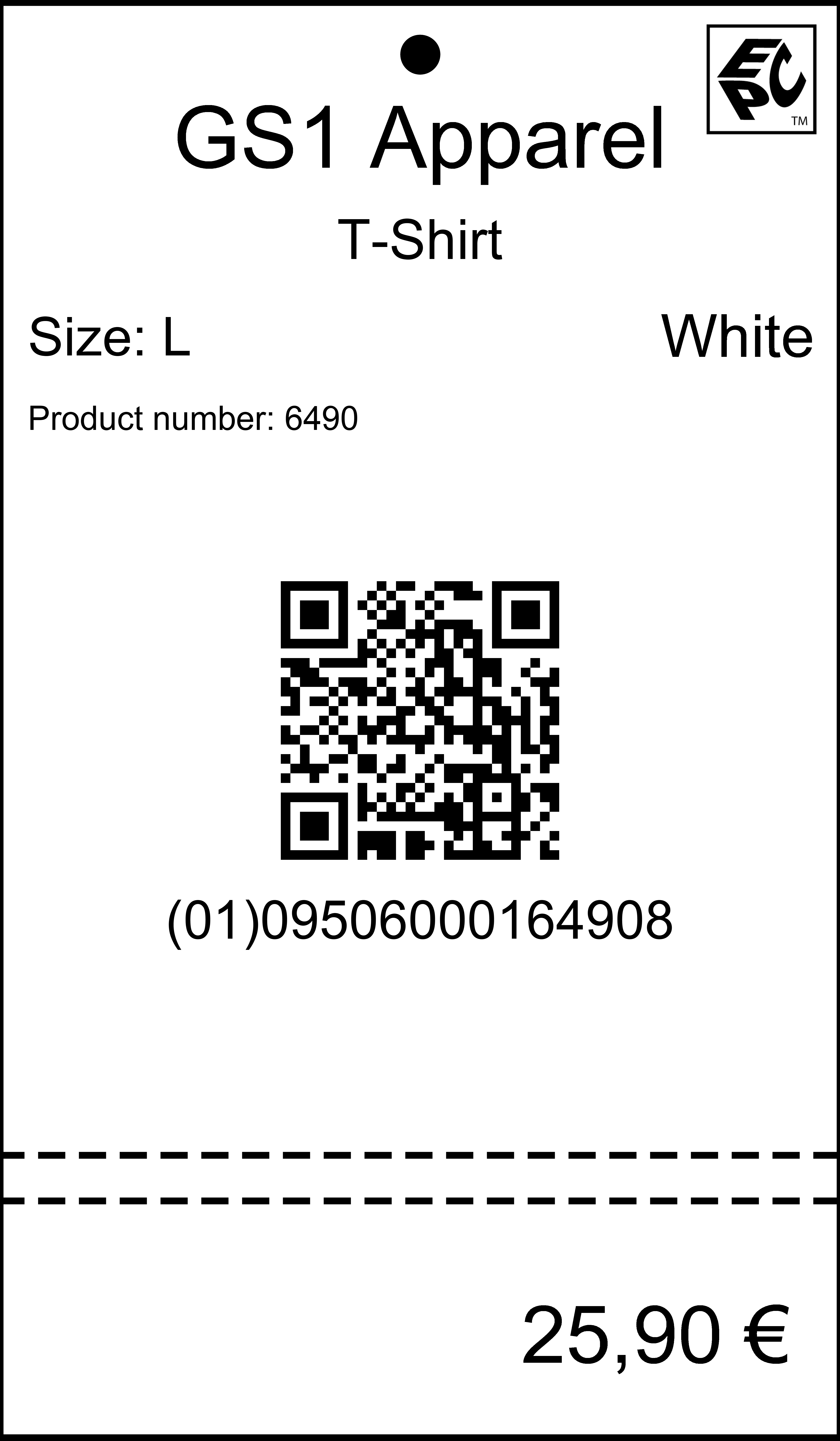An apparel hang tag with an RFID chip and a 2D barcode.