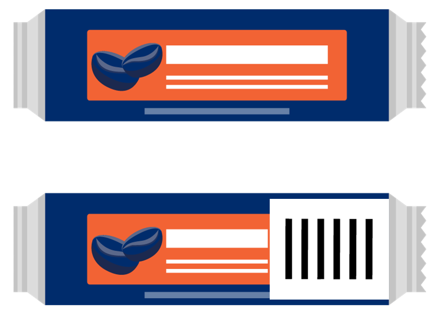 A depiction of two stick-like sachets of coffee. The bottom one carries a 1D barcode only.