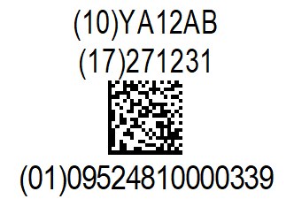A GS1 DataMatrix with the batch/lot and expiry date as HRI above, and GTIN below the symbol.